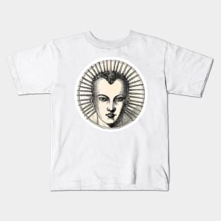 Face with stylized hair in a circular arrangement. Vintage drawing in black and white Kids T-Shirt